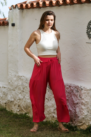 Chiccy Dark Pink Pocket Elastic Waist Flared Leg Casual Viscose Woven Trousers