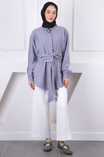 İmajButik Gray Waist Belted Modal Shirt
