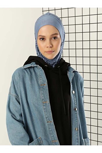 Ecardin Ζιγκ-ζαγκ ριγέ αθλητικό Hijab Bone Turban - ST297 Μπλε