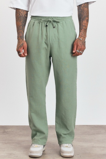 MADZEYMODA Men's Premium Summer Elastic Waist 100% Cotton Green Woven Trousers Ls-23100