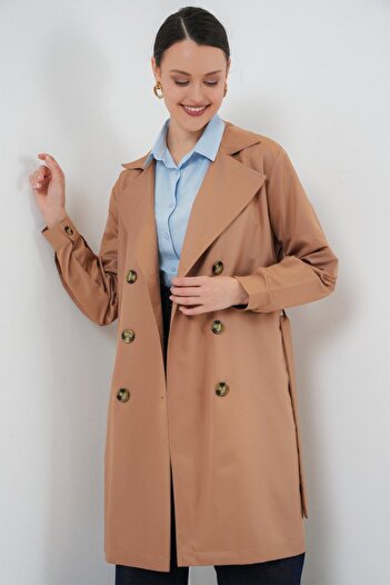 Kokosh moda 5864 Double Breasted Collar Short Trench Coat - Tan