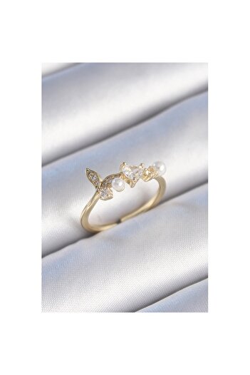 Skygo Brass Gold Color Zircon Stone Heart Leaf Model Pearl Detail Women's Ring - Tj-Byk3430
