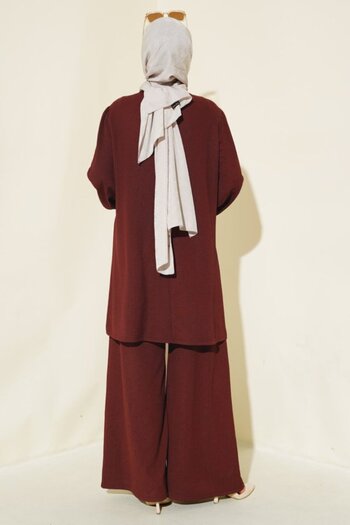 leyla sanat sanata yeni bir bakış açısı Leyla New Perspective on Art Art Tunic Pants Bottom Top Set 6663 - Burgundy