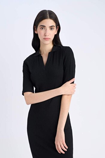 DeFacto Bodycon Vücudu Saran Polo Yaka Fitilli Kaşkorse Kısa Kollu Midi Elbise E6806AX25SP