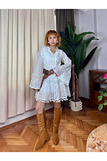 Bak'ap Дизайн Кажан Рукав Фісто Мереживні Деталі Фрівольні Бавовняна Міні Сукня