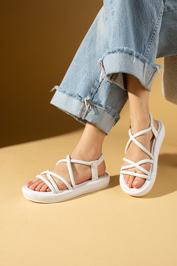 Pembe Potin New Season Women's White Banded Comfortable Poly Sole Stylish Daily Sandals