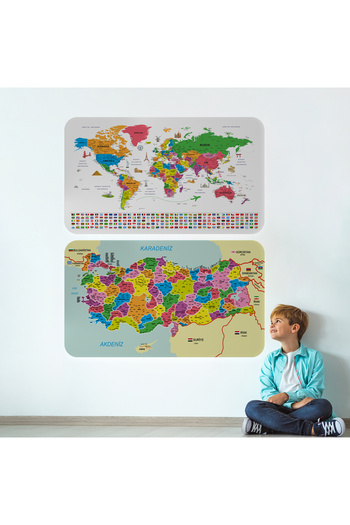 Harita Sepeti Educational Tutorial World And Turkey Map Children's Room Wall Sticker-3885