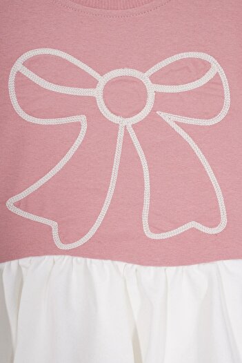 zepkids Crew Neck Bow Detailed Balloon Skirt Dusty Rose Color Girls Skirt Dress