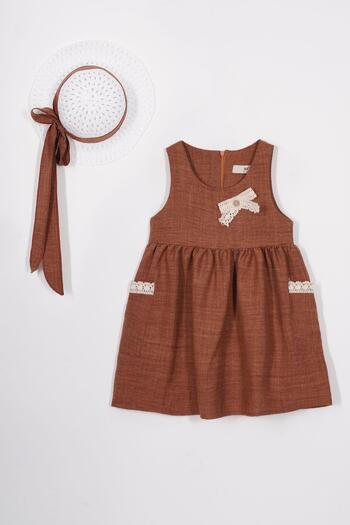 zepkids Crew Neck Lace Detailed Brown Color Girl's Dress with Hat Accessories