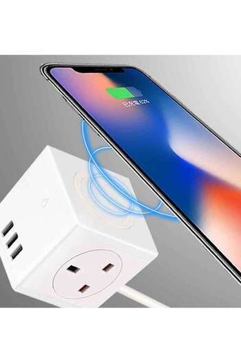 FlashHawk 1 Socket Extension Cord Tower Power Strips with 3 USB Ports and Wireless Charging 1.8m White