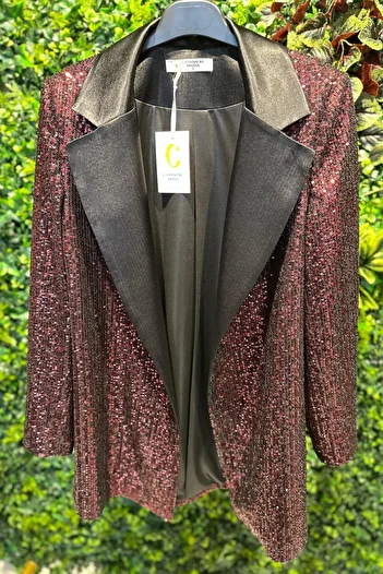 Cashmere Moda Women's Satin Collar Lined Belted Sequined Sequin Jacket