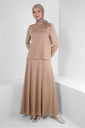 Alvina Pleated Skirt and Stone Detailed Satin Set - 43666