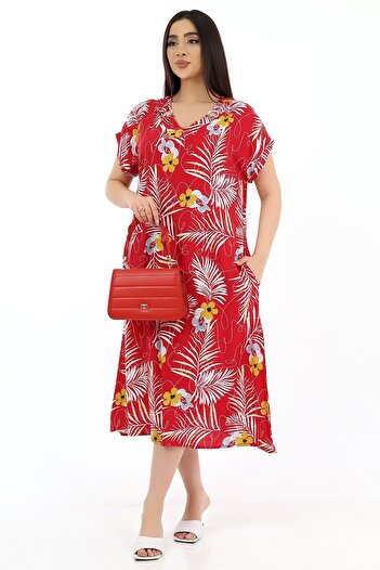 SCHIK Women's Viscose Half Sleeve V-Neck Dress with Ring Pockets Red