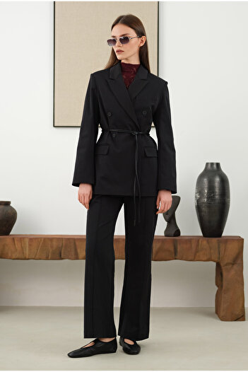 HEQA Half Ribbed Front Black Trousers