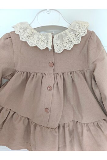 Butik Dantel Yakalı Kız Bebek Keten Elbise