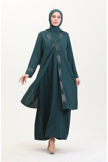 sefamerve 6140-07 Emerald Green Large Size Dress and Vest Set of Two