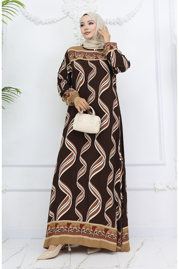 sefamerve Viscose Fabric Elastic Sleeve Dress 0031-04 Brown