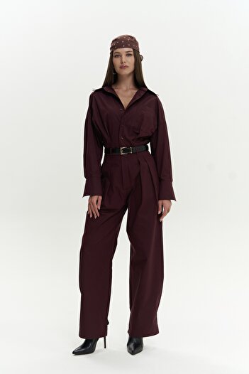 Mai Olney Belt Detail Long Burgundy Jumpsuit