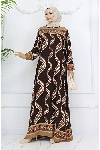 sefamerve Viscose Fabric Elastic Sleeve Dress 0031-04 Brown