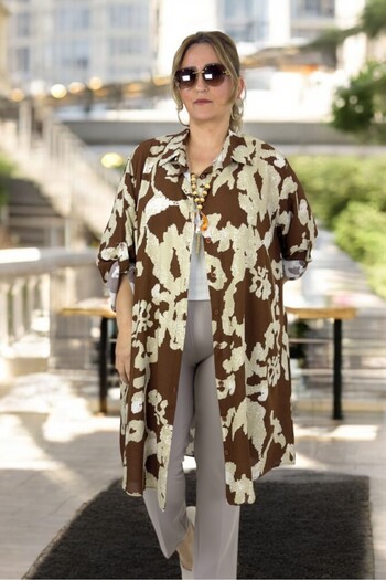 yagmurberen Foldable Sleeve Detail Patterned Front Buttoned Long Sleeve Oversized Tunic Dress