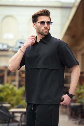 Madmext Black Zippered Polo Neck Men's Shorts Shirt Set E7314