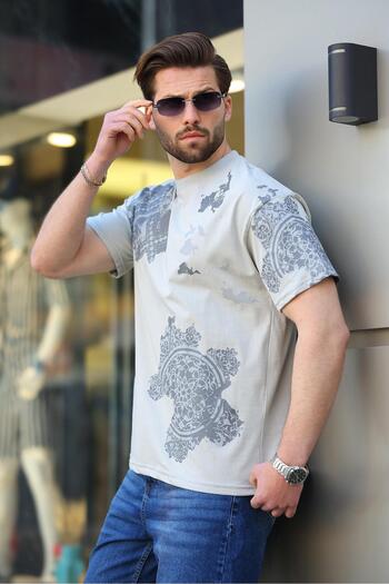 Madmext Painted Gray Men's T-Shirt 100% Cotton Patterned E7142