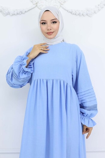 benguen Rib Detailed Hijab Dress Baby Blue 2207