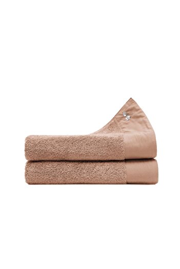 Ecocotton Pure Cotton 2-Piece Hand Face Towel Set 100% Organic Cotton Cloth Bordered Embroidered Brown 50x90 Cm