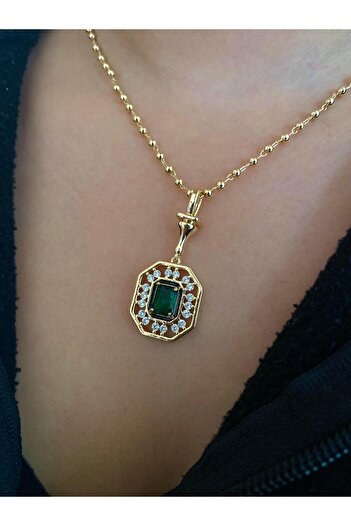 Modadiro Çelik Kolye Serenay Kolye Yeşil Taşlı Kolye Gold