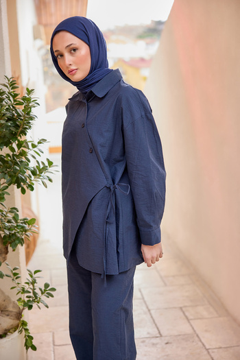 LOCCO Women's Button Detail Side Tie Linen Suit Navy Blue
