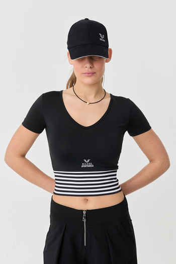 bilcee Women's Black Short Sleeve Patterned Sports Crop Body 0077