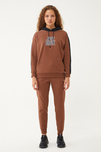 bilcee Kadın Kahverengi Kapüşonlu İpli Sweatshirt Takım 1663