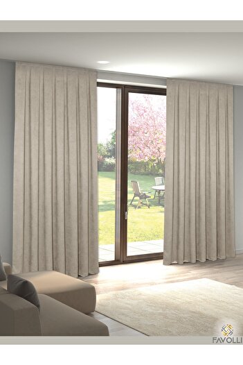 FAVOLLİ Velvet Textured Beige Color Pleated Island Background Curtain