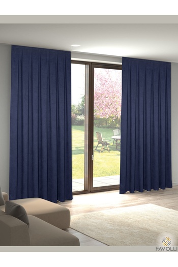 FAVOLLİ Velvet Textured Navy Blue Color Pleated Island Background Curtain