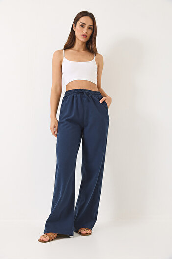 Bianco Lucci Women's Waisted Elastic Pocket Detailed Linen Palazzo Trousers R-6711 60283038