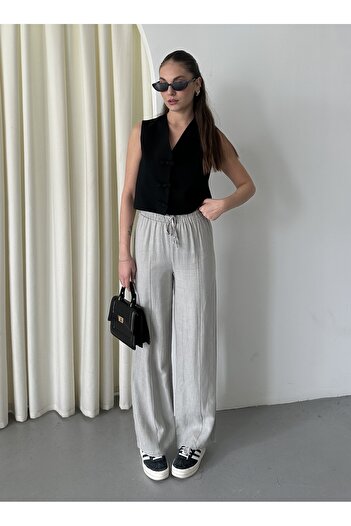 Laluvia Gray 100% Linen Palazzo Trousers - 3455