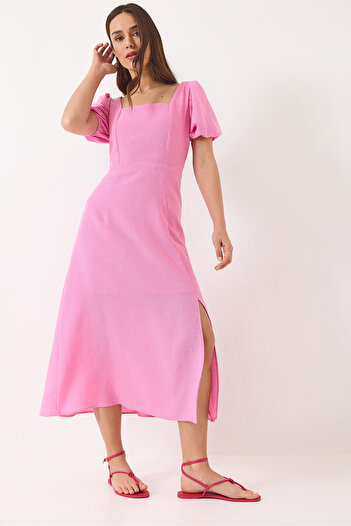 Bianco Lucci Women's Back Lace Detailed Lined Linen Dress 5958 60283045