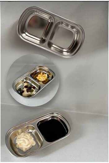 AHİR TİCARET 2 Compartment Steel Sauce Bowl Presentation Bowl Turkish Delight Bowl Snack Bowl 2 Compartment Steel Serving Presentation Bowl