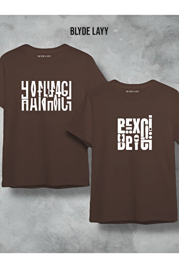 BLYDE LAYY Hanımcı Beyci Sevgili Συνδυασμένο Σχέδιο Πτυσσόμενο Καφέ Μπλουζάκι Oversize Σετ 2 τεμαχίων