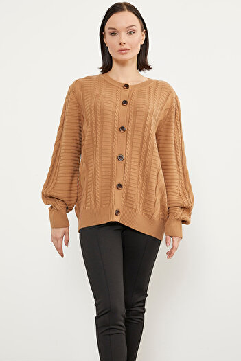 Sementa Crew Neck Buttoned Knitwear Cardigan - Camel
