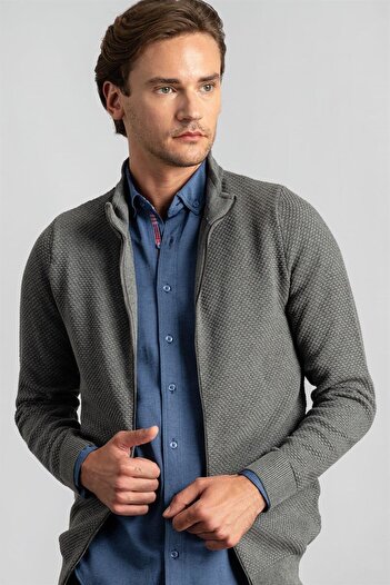 Tudors Men's Patterned Half Turtleneck Zipper Cardigan