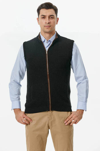 Sementa Zippered Stand Collar Knitwear Vest - Black