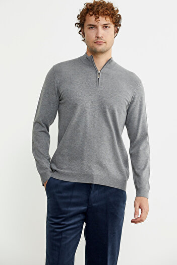Sementa Gray Stand Collar Zippered Knitwear Sweater