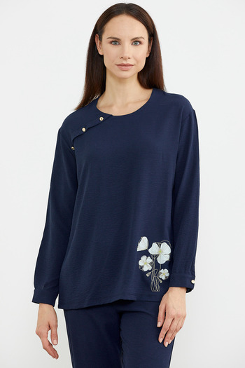 Sementa Print Detailed Long Sleeve Crepe Set - Navy Blue
