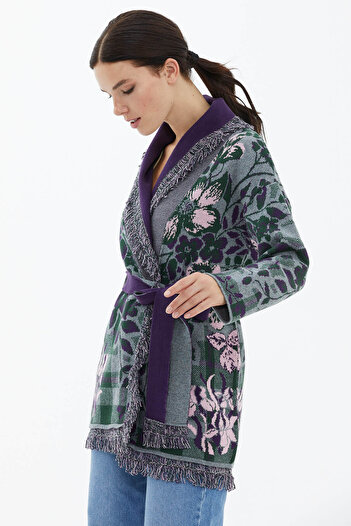 Sementa Shawl Collar Tasseled Floral Patterned Knitwear Cardigan - Gray