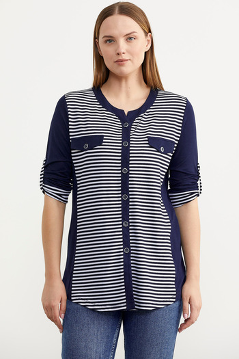 Sementa Ριγέ μπλουζάκι τσέπης τριών τετάρτων - Navy Blue