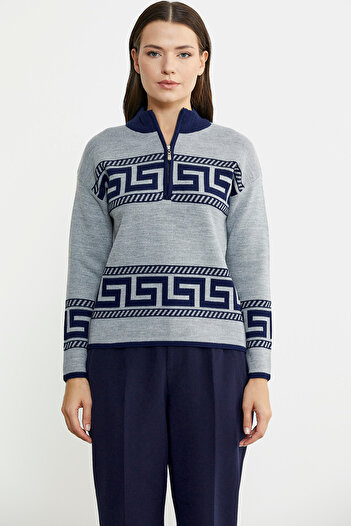 Sementa Gray Stand Collar Block Patterned Knitwear Sweater