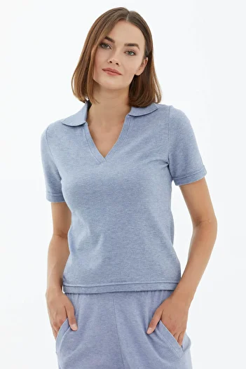 Sementa Pulover tricot cu mânecă scurtă cu gât polo - Albastru
