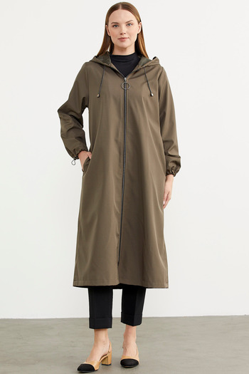 Sementa Large Size Hooded Zippered Long Trench Coat - Khaki