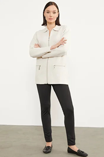 Sementa Pocketed Shirt Collar Zippered Knitwear Cardigan - Light Beige